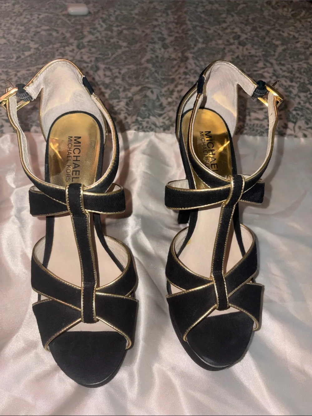 MICHAEL Michael Kors Black Platform T-Strap Suede Heels with Gold Piping